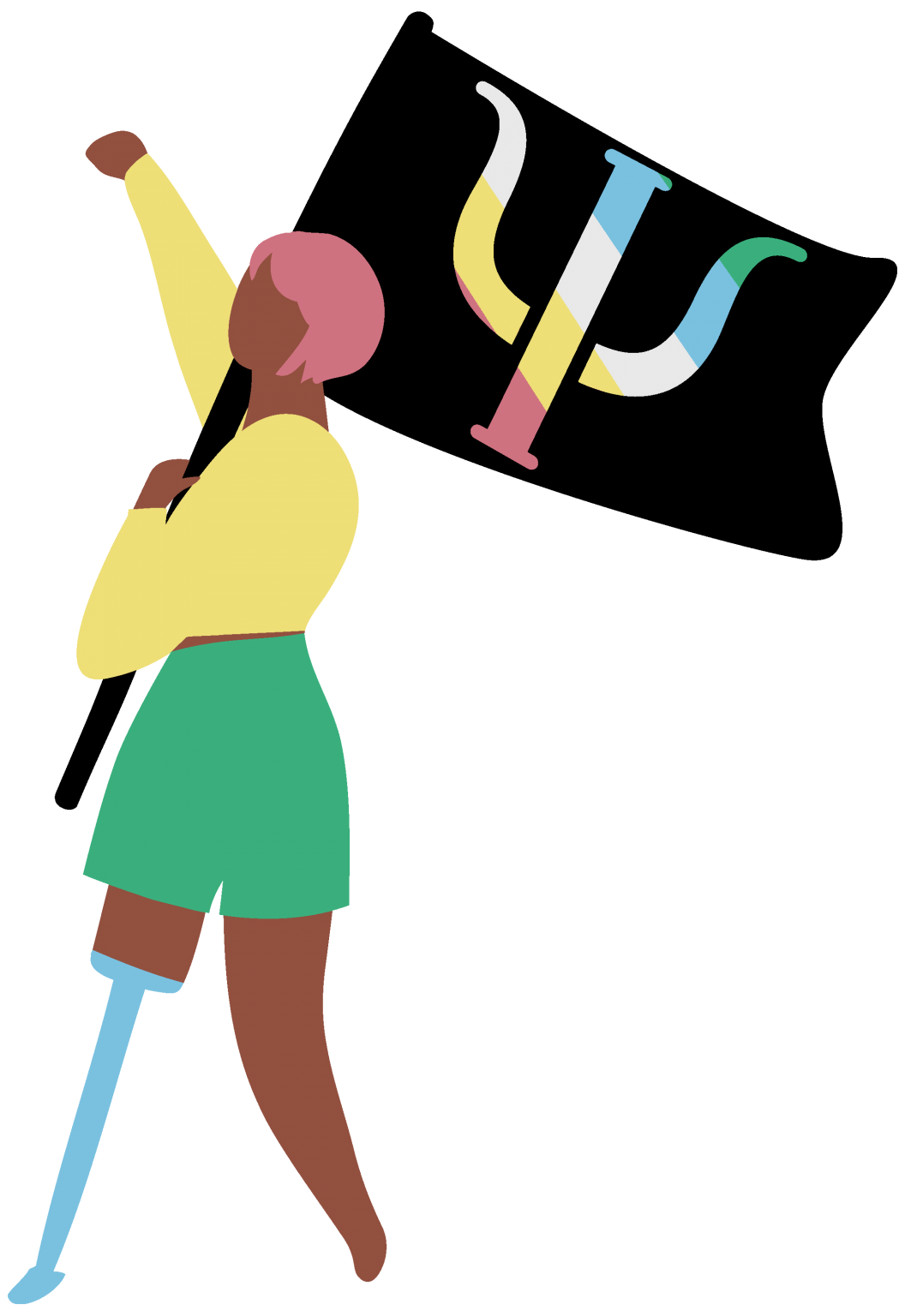 The DARN logo is a person proudly waving a flag with their fist upraised. They have pink hair, brown skin, a yellow sweater, green shorts, and a blue prosthetic leg, each representing a color in the flag. The flag is black with a Psi symbol containing five colors, which represent a variety of needs and experiences: Mental Illness, Intellectual and Developmental Disabilities, Invisible and Undiagnosed Disabilities, Physical Disabilities, and Sensory Disabilities.